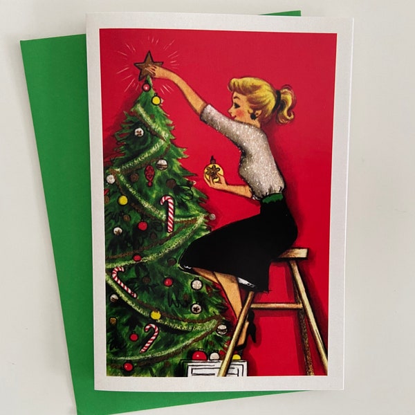 Vintage Christmas Card, Woman trimming tree, Happy Holidays, Retro Style, Fifties, Ponytail, Gift, Fashion, Seasons Greetings, Sister, Wife