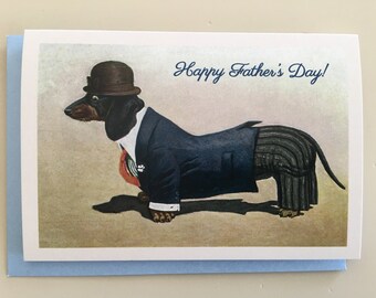 Father's Day Dachshund Card, Father Card, Vintage Card, Greeting Card, Daddy Card, Humanized Dog Card, Dressed Dog Card