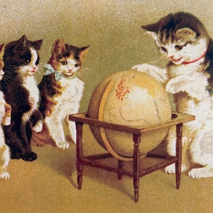 Carte Chats vintage et globe terrestre, Enseignante, professeur, Bonne fête, Anniversaire, élève, étudiant, rétro, merci, classe, géographie