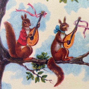 Carte vintage Écureuils musiciens, guitare, guitariste, mandoline, Chant, souhaits, Chanson, Musique, Professeur, anniversaire, fête, merci