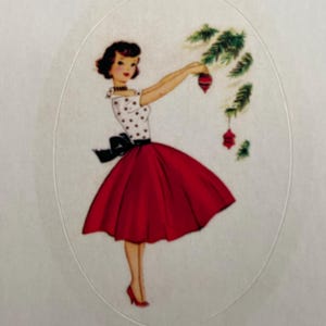 Collants de Noël Femme Rétro, Étiquettes Vintage, Autocollants Fêtes, Hiver, professeur, agenda, calendrier, planner, jupe rouge, pin-up