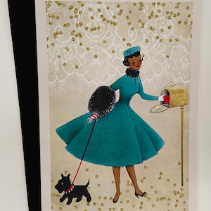 Carte de Noël Rétro Femme noire, chien, boîte aux lettres, Afro-Américaine vintage, fêtes, années 50, professeur, Scottish terrier, écossais