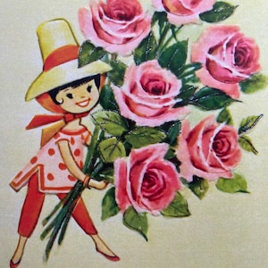 Carte Femme au bouquet de roses, bonne fête, souhaits, Rétro, Anniversaire, Soeur, Amie, Merci, Maman, féminine, BFF, Mère, fleurs, Jardin