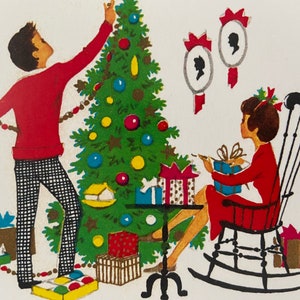 Carte de Noël Couple rétro décorant le sapin, Vintage, fêtes, années 50, 60, sœur, mère, amie, féminine, mari