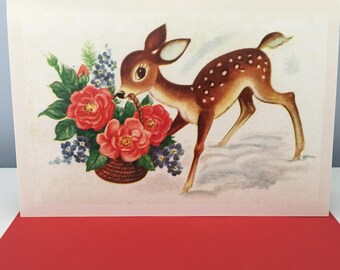 Reindeer with Basket Card, Holiday Card, Christmas Card, Winter Card, Vintage Image, Retro Card, Vintage Card, Thank You Card, Teacher Card