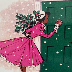 Carte de Noël Rétro Femme noire frappant à la porte, image vintage, hiver, fêtes, années 50, Cadeau professeur, Afro-américaine