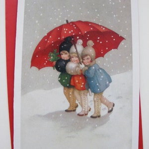 Carte de Noël Fillettes sous un parapluie, Image Vintage, Retro, Joyeuses Fêtes, Fille, Enfant, Mère, Soeur, Amie, Professeur, années 50