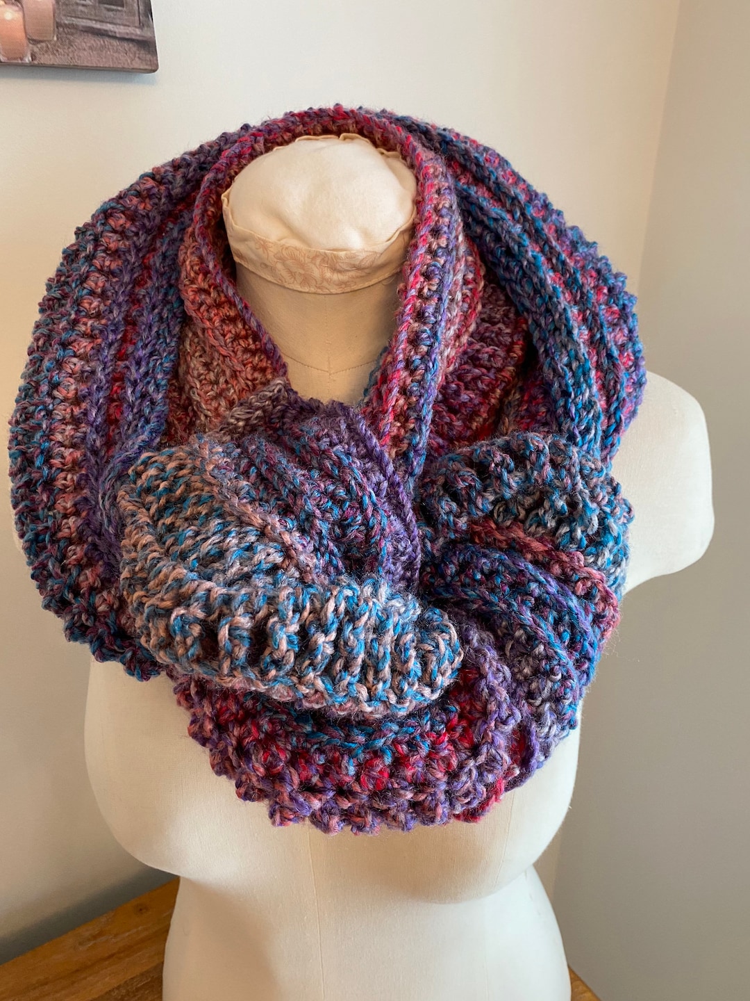 Crochet Cowl Handmade Infinity Circle Scarf Blue, Red, Pink Multi - Etsy