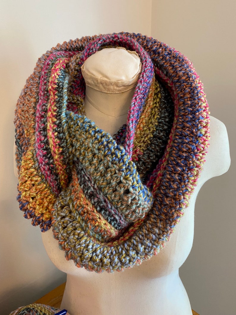 Kit Crochet New Beginning Infinity Scarf Cowl Kit | Easy Pattern | Circular Infinity Scarf Cowl | Fairground Pink Multi Crochet Kit