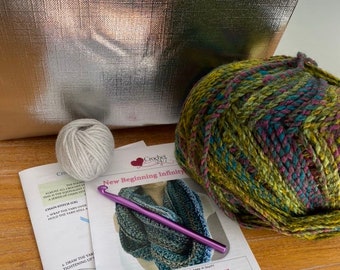 Kit Crochet New Beginning Infinity Scarf Cowl Kit | Easy Pattern | Circular Infinity Scarf Cowl | Mossy Green Crochet Kit