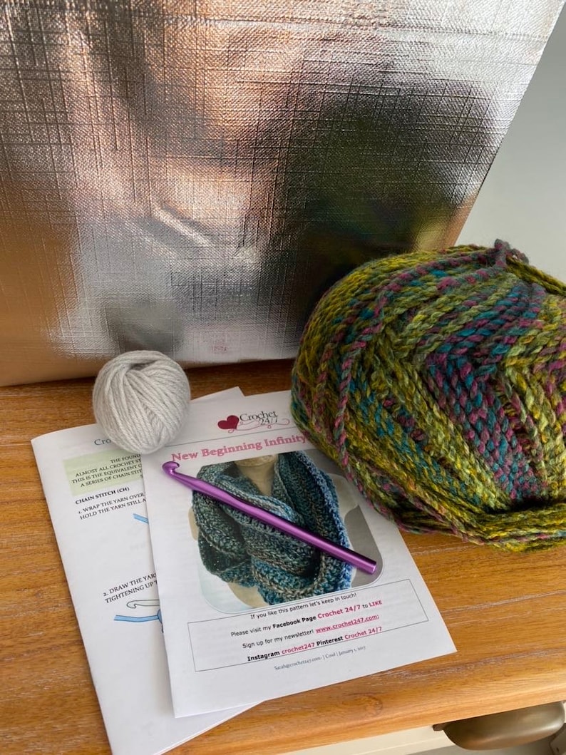 Kit Crochet New Beginning Infinity Scarf Cowl Kit | Easy Pattern | Circular Infinity Scarf Cowl | Mossy Green Crochet Kit