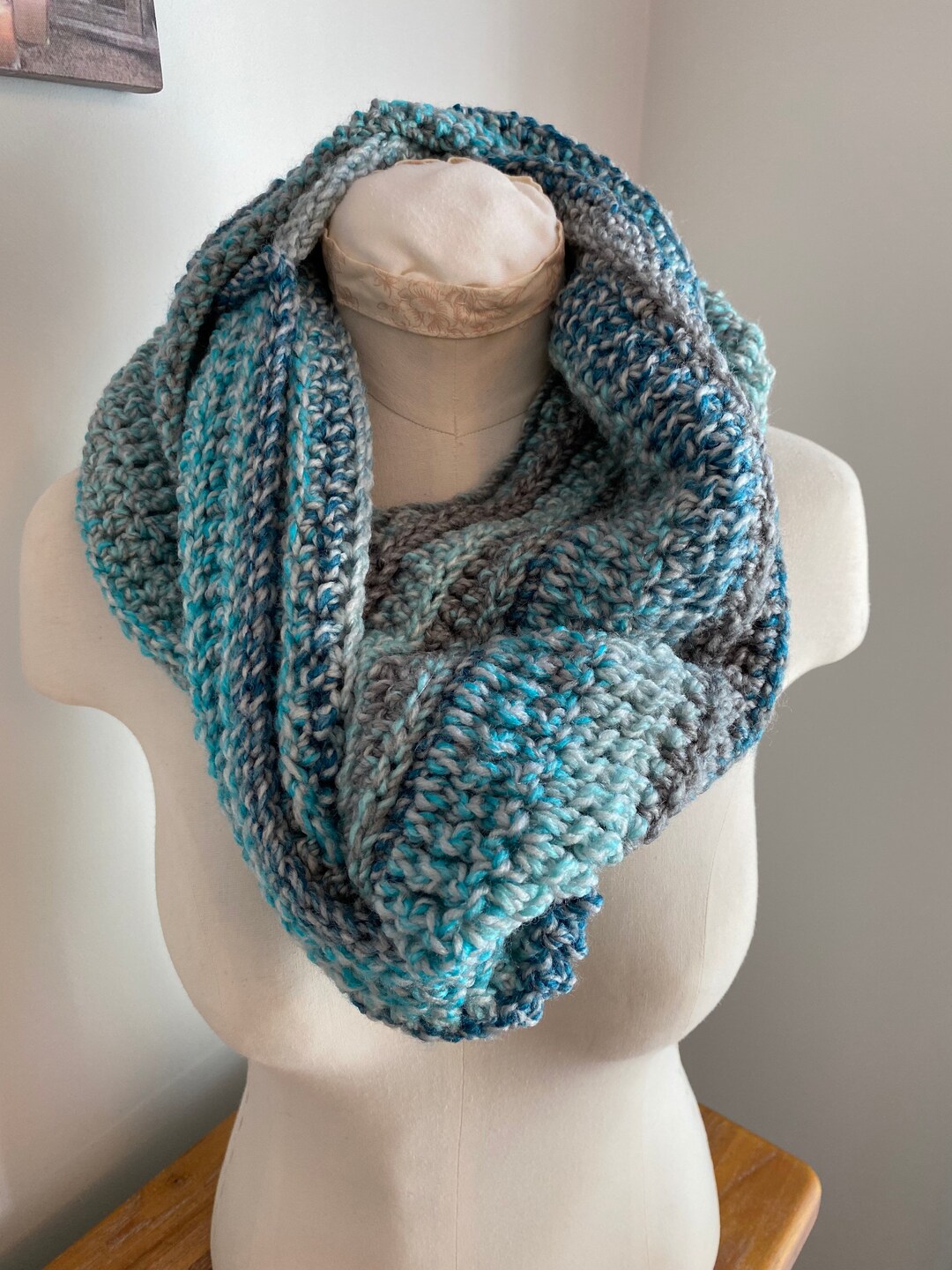 Crochet Cowl Handmade Infinity Circle Scarf | Turquoise Grey White ...