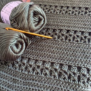 May include: Close-up of olive green crochet yarn and a crochet hook next to a section of a crocheted item. The yarn label reads "Loops & Threads Facettes". The crocheted item has a textured pattern.