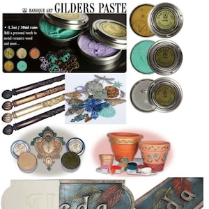 May include: A set of gilding paste in various colors, including gold, silver, green, and copper. The paste comes in small round tins with a label that reads "Baroque Art Gilders Paste". The image also shows a variety of objects that can be gilded, including a wooden sign, a metal pot, and a wooden dowel.