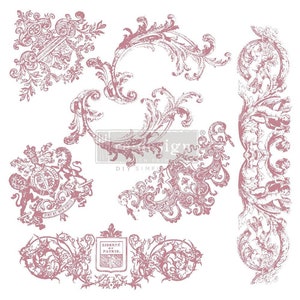 Può includere: Un set di sei timbri decorativi in stile vintage con disegni floreali decorativi in ​​rosa. I timbri includono uno stemma con un leone, uno stendardo con il testo "LIBERTE, PATRIE" e diversi motivi floreali intricati.
