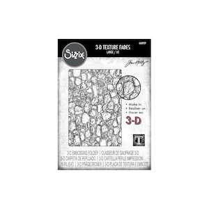 May include: A Sizzix 3-D embossing folder featuring a stone texture. The packaging includes the text "3-D TEXTURE FADES LARGE/A5" and "Jim Holtz". This folder is designed for creating 3-D embossed effects in papercrafting and mixed media projects.