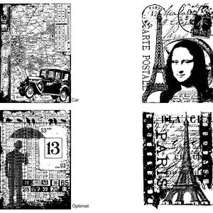May include: Black and white collage art prints featuring vintage car, map, Eiffel Tower, Mona Lisa, and an umbrella-holding figure. Each print has text, including "Car", "Paris", "Optimist", and "Paris Film".