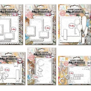 Op de afbeelding: Set van zes stansmallen voor knutselen. Elke mal heeft een ander ontwerp, waaronder frames, ballonnen en cijfers. De mallen zijn wit en hebben een gestructureerde papierachtergrond.