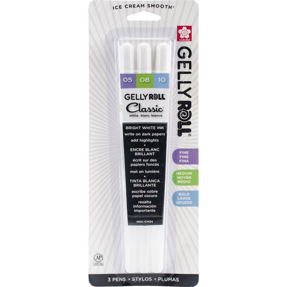 Pack of 3 Gelly Roll Classic Bright White Gel Pen Sakura Bold Point or  Fine, Medium, and Bold 