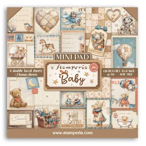 May include: A square paper pad with a baby theme. The design features illustrations of teddy bears, hot air balloons, and rocking horses. The pad includes the text "Baby" and measurements of 8x8 inches.