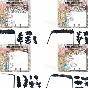 Peut inclure: Quatre ensembles de découpes métalliques pour l'artisanat. Chaque ensemble comprend un cadre, une variété de motifs floraux et naturels, et un certain nombre de matrices. Les ensembles sont étiquetés avec les numéros 47, 48, 49 et 50.