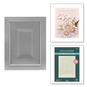 May include: A 3D embossing folder for creating a moulded frame design. The folder is grey and features a raised, rectangular frame with a smaller, raised rectangle inside. The image shows a sample of the design embossed on a pink card with a floral design.