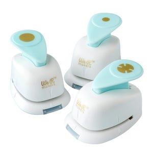 May include: Three white paper punches with light blue handles and gold accents. The text "We R Makers" is printed on the front of each punch. These craft tools are designed for paper crafting and scrapbooking.