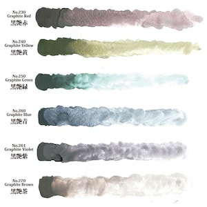 May include: Six watercolor paint swatches in different shades of red, yellow, green, blue, violet, and brown. Each swatch is labeled with a number and the color name in English and Japanese.