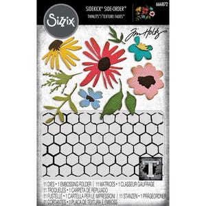 May include: A set of 11 metal dies for crafting featuring floral designs and a honeycomb pattern. The dies are designed to be used with a die-cutting machine. The package includes the text "SIDEKICK SIDE-ORDER™ THINLITS/TEXTURE FADES™" and "Jin Holtz".