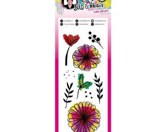May include: A sheet of clear stamps featuring floral designs in black and white outlines with watercolor washes of pink, red, yellow, and green. The stamps are titled "Bold & Bright Floral Simplicity" and are from the Studio Light brand.