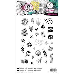 May include: Black and white cling stamps for journaling and crafting. The stamps feature a variety of geometric shapes, hearts, and other designs. The text "art by marlene" and "Studio Light B.V. 2024" is visible on the sheet.