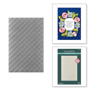 Pode incluir: Uma pasta de embossing 3D com um padrão de diamante. A pasta é etiquetada como "Spellbinders" e "3D Embossing Folder". A pasta é projetada para criar um efeito texturizado em relevo em papel ou cartão.