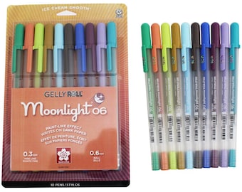 May include: A pack of 10 Gelly Roll Moonlight 0.6 mm ballpoint pens. The pens have a clear barrel with a metallic finish and come in a variety of colours, including orange, yellow, green, blue, purple, and brown. The packaging features the Gelly Roll logo and the text "Moonlight 06".