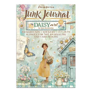 May include: A Junk Journal by Stamperia, featuring a young girl in a yellow dress with a basket of flowers. The cover includes the text "DAISY art" and details about backgrounds, stickers, cutouts, and 16 pages for art journaling and card making.