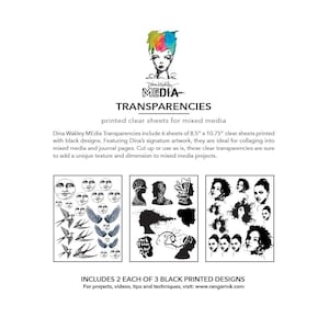 May include: Dina Wakley Media Transparencies set containing 6 clear sheets measuring 8.5 inches by 10.75 inches. The sheets feature black printed designs including celestial faces, birds, silhouettes, and portraits for mixed media projects.
