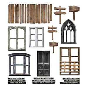 Op de afbeelding: Een verzameling verweerde houten elementen, waaronder planken, wegwijzers en diverse raamkozijnen. De afbeelding bevat ook een gotisch boogvenster en een metalen deur. Tekst op zwarte labels luidt: "DEARLY DEPARTED", "LOST IN THE DARKNESS" en "THE GRAVE KEEPER".