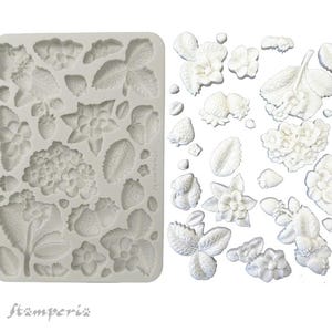 May include: A silicone mould and cast pieces featuring strawberry designs. The mould includes strawberries, leaves, and flowers. The cast pieces are white and include strawberries, leaves, and flowers. The mould has the word "Stamperia" at the bottom.