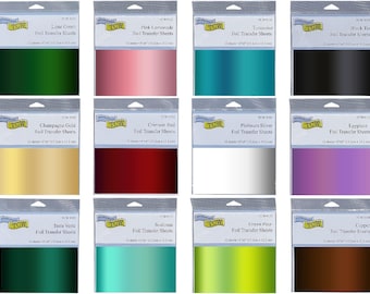 Puede incluir: Una colección de hojas de transferencia de lámina en varios colores, incluyendo verde lima, rosa limonada, turquesa y negro. Cada paquete contiene 12 hojas, midiendo 15,2 cm x 15,2 cm. La marca "TCW" se muestra en cada paquete.