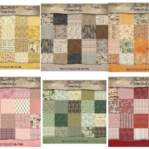 May include: Six packs of double-sided 8x8 inch patterned paper from the Tim Holtz Idea-ology Palette Collection. Each pack features a different color palette: yellow, neutral, orange, pink, green, and red. The paper has a vintage, distressed aesthetic.