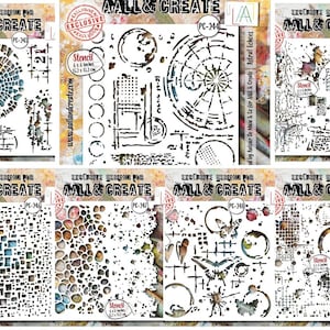 Puede incluir: Una colección de plantillas para arte de técnicas mixtas. Cada plantilla presenta diseños únicos, incluyendo patrones geométricos, círculos y formas abstractas. Las plantillas están marcadas con "AALL & CREATE" e incluyen información de tamaño: 15,2 x 15,2 cm.