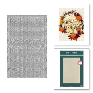 Puede incluir: Una hoja de papel texturizada de color gris claro. Una obra de arte enmarcada con temática otoñal con calabazas y el texto "Autumn Greetings". Un paquete de carpeta de relieve 3D Spellbinders con una muestra de papel en relieve.