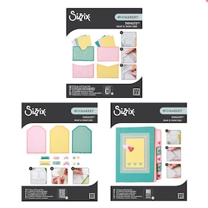 May include: Three Sizzix die sets featuring 49 and Market Thinlits Snap & Swap Dies. The sets include various shapes like tags, envelopes, and decorative elements in pastel colors. Each set includes instructions and product information.