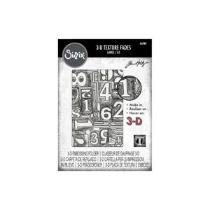 May include: A Sizzix 3-D embossing folder with a variety of numbers in a distressed style. The package includes the text "3-D Texture Fades" and "Large/A5". The design is by Jim Holtz. The folder is designed for 3-D embossing.