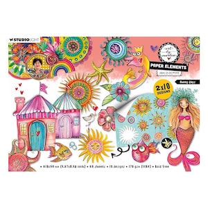 Puede incluir: Una hoja de elementos de papel con ilustraciones coloridas. El diseño incluye casas, soles, una sirena y otras imágenes caprichosas. El texto de la hoja dice "Sunny days" y "Paper Elements". El papel mide 210 x 148 mm.