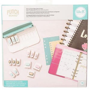 Könnte beinhalten: Ein Planer-Stanzbrett-Kit mit einem weißen und türkisfarbenen Stanzbrett, mehreren Stanzern und einem rosa Planer. Das Kit enthält eine Basis, 14 verstellbare Stanzungen und Anweisungen.