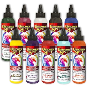May include: Ten bottles of Unicorn Spit gel stain and glaze in various colors, including Dragon's Green, Pink Lager,  Lemon-Lime Yellow, Purple Hill Majesty Purple, Molly Red Pepper Red, Turquoise Turquoise, and Phoenix Fire Orange. Each bottle is 4.0 fl oz (118.2 ml).