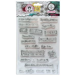 May include: Clear stamps with inspirational quotes and sayings. The stamps are on a white background with a black border. The quotes include "Connected in Creativity", "Fake it till you make it", "Art is an escape from the everyday reality", "Live more, fear less", "Winning makes you happy, loosing makes you wise", "Ckaftiness is happiness", "Supercalifragilisticexpialidocious", and "Leave sparkles wherever you go".