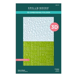 Puede incluir: Carpeta de relieve 3D Spellbinders Paper Arts, modelo E3D-171, titulada Suds & Buds. El empaque muestra una textura de burbujas blancas y un panel verde con un patrón floral y geométrico repetitivo. Incluye una etiqueta 3D y texto que indica que crea 2 paneles A2, midiendo 13,97 x 21,59 cm.