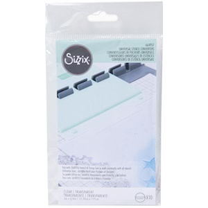 May include: A pack of 10 clear plastic universal stencil converters for use with the Sizzix Stencil & Stamp Tool. The converters are designed to work with all stencils. The package includes the text "Universal Stencil Converters" and "Clear Transparent".