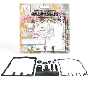 May include: A set of 12 metal dies for crafting. The dies feature a frame, a ruler, a pen, a heart, a binder clip, and a quote mark. The dies are packaged in a clear plastic sleeve with a white background and the text "AALL & CREATE #71 Penned with Love".
